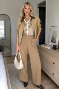 Woman over 40 in a striped top and khaki wide-leg trousers holding a cream bag