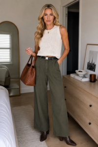 Woman over 40 in a white tank and olive wide-leg trousers with a cognac tote