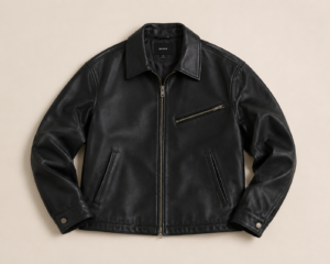 A classic black leather jacket laid flat on a beige background