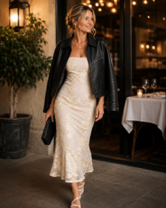 Woman over 40 wearing a black leather jacket over a cream slip dress outside a restaurant