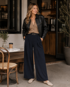 Woman over 40 in a black leather jacket, tan knit and wide-leg tailored trousers outside a cafe