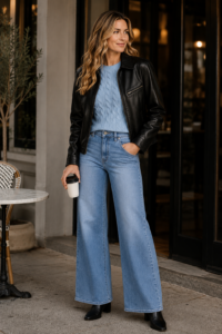 Woman over 40 wearing a black leather jacket over a light-blue sweater and jeans