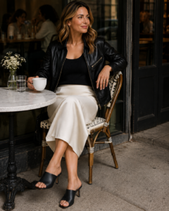 Woman over 40 in a black leather jacket, black top and ivory satin midi skirt seated at a cafe