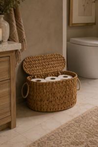 A woven rattan basket holding rolled towels beside a wood vanity in a warm-lit quiet luxury bathroom
