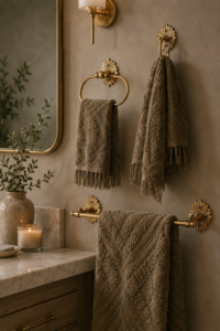 Plush warm-brown towels on brass hardware with an arched mirror and candle — cozy quiet luxury bathroom styling