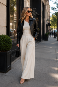 Woman over 40 in a black leather jacket layered over a cream tonal outfit on a city sidewalk