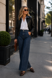 Woman over 40 in a black leather jacket over a white button-down shirt with trousers and loafers