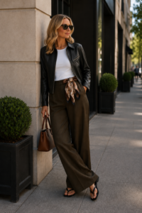 Woman over 40 in a black leather jacket, white tee, silk neck scarf and olive wide-leg trousers on a sidewalk