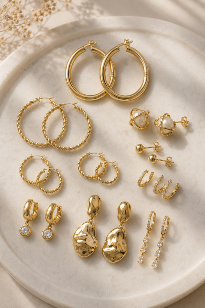 A collection of gold earrings for women over 40 on a cream dish: chunky hoops, twisted hoops, pearl studs and gold ball studs