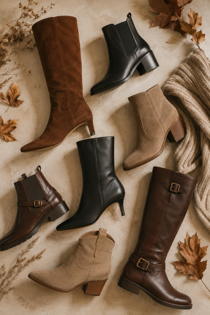 Flat-lay of fall boots for women over 40 on a cream surface with brown suede tall boots, a black Chelsea ankle boot and autumn leaves