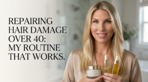 Woman over 40 with long blonde hair in a bright bathroom, holding a jar of hair mask and two dropper bottles of hair oil