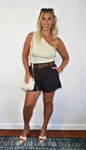 OGL one-shoulder ruched bra tank in Morning Mist with tailored espresso shorts