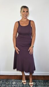 OGL square neck open-back bra dress in grape, an easy throw-on midi