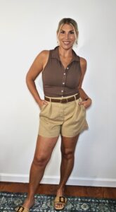 OGL iced mocha collared vest top with khaki tailored shorts