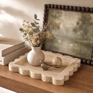 Travertine stone vanity tray styling the nightstand