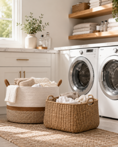 Matching woven baskets and hampers for laundry room organization