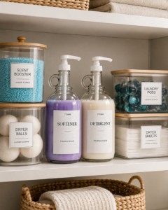 Detergent decanted into glass dispensers for an organized laundry room
