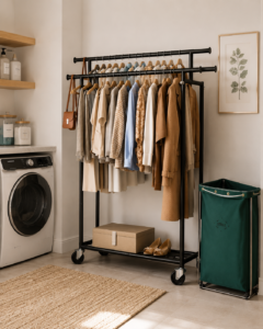 Slim shelving and a rolling cart for laundry room organization