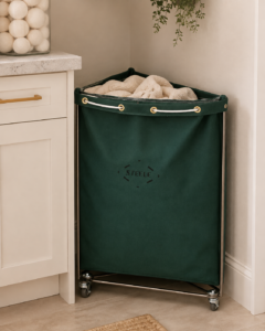 Wall rack and cart keeping laundry supplies off the floor