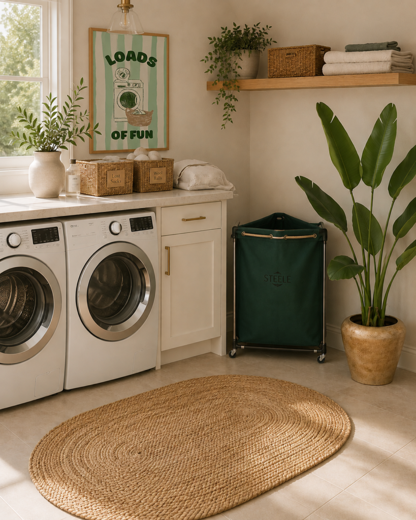 Elevated laundry room organization with coordinated baskets and a calm palette