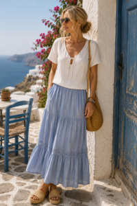 Woman over 40 in a white top and light-blue midi skirt by the Mediterranean sea