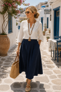 Woman over 40 in a white blouse and navy skirt in a Greek island alley with bougainvillea