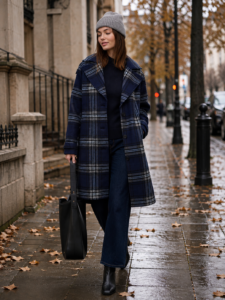 Banana Republic long blue plaid statement coat for women over 40
