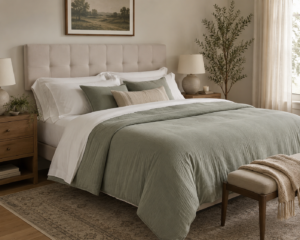 EMMA+OLIVER upholstered tufted headboard framing the bed