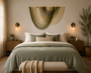 Quiet luxury bedroom with warm lamplight and neutral bedding