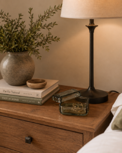 Anthropologie Eloise glass trinket box on the nightstand