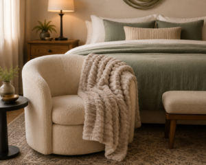 Bedsure soft beige throw blanket layered across the bed