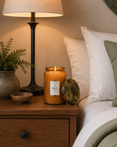 Voluspa Baltic Amber scented candle for a quiet luxury bedroom