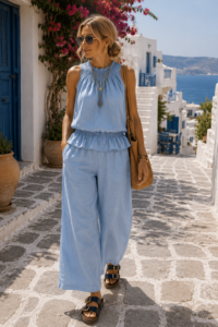 Woman over 40 in a light-blue linen set walking a Greek island street