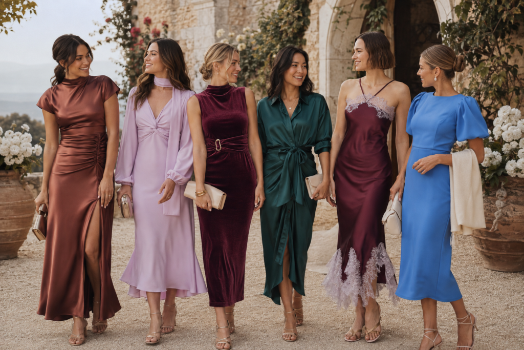 Woman over 40 in a fall wedding guest dress, warm and dressy for an autumn wedding