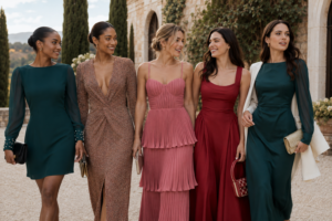 Collection of fall wedding guest dresses for women over 40 in rich autumn colors