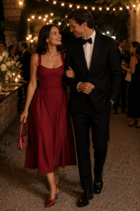 Woman over 40 in a square-neck midi wedding guest dress