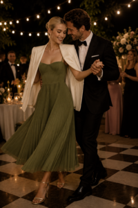 Woman over 40 wearing a midi dress with a tailored blazer for a fall wedding