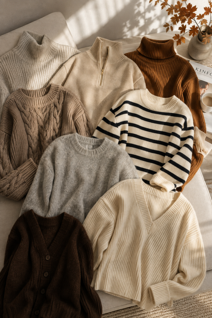 Woman over 40 wearing a cozy fall sweater that still looks polished, not frumpy