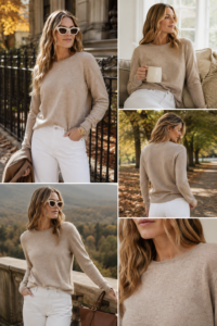 Woman over 40 in a fine-gauge crewneck fall sweater tucked into trousers