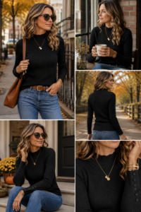 Woman over 40 wearing a ribbed mock neck fall sweater