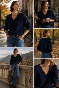 Woman over 40 in a classic V-neck sweater layered over a collared shirt