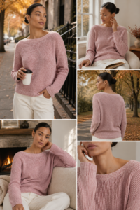 Woman over 40 wearing a boat neck sweater that shows the collarbone