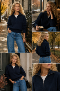 Woman over 40 in a quarter-zip fall sweater for elevated-casual style