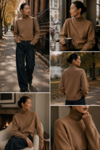 Woman over 40 in an oversized turtleneck fall sweater with the front tucked