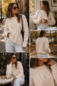 Woman over 40 wearing a chunky cable knit sweater with slim trousers