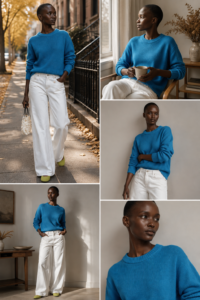 Woman over 40 wearing a shorter knit sweater over high-waisted trousers