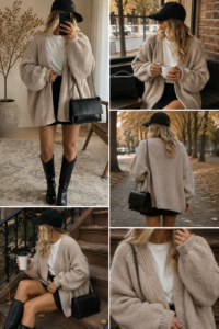 Woman over 40 in a chunky open-front cardigan