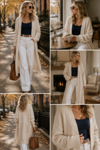 Woman over 40 wearing a long duster cardigan over a column of one color