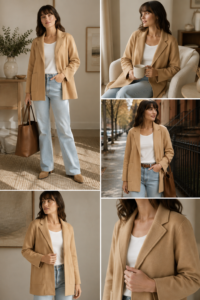 Woman over 40 in a structured sweater blazer