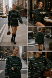 Woman over 40 wearing an oversized cashmere crewneck fall sweater